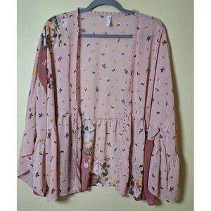 Kimono Shrug 2XL Sheer Chiffon‎ Pink Floral Short Duster Boho Cottagecore